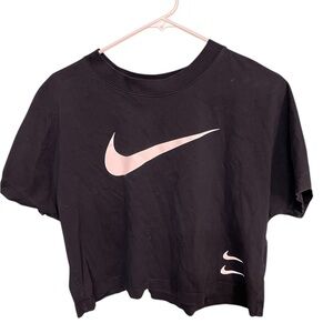 Nike Cropped Swoosh Tee Black Large Graphic Logo Athletic Crop Top